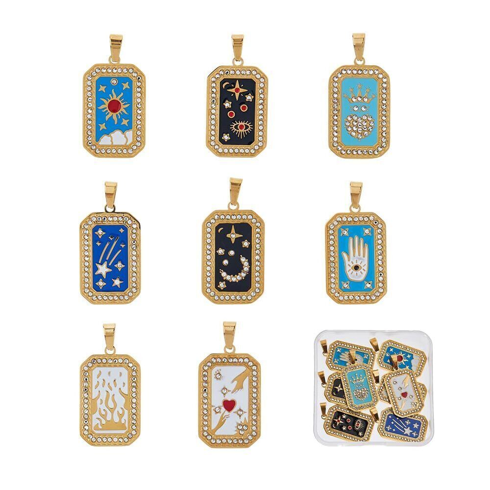 1606 8Pcs 8 Styles 304 Stainless Steel Tarot Charm Pendants Enamel
